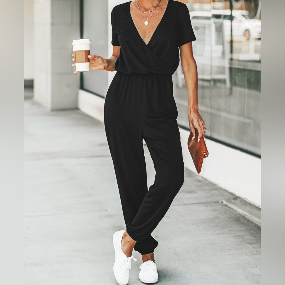V-neck Maxi Short Sleeve Jumpsuit in Black